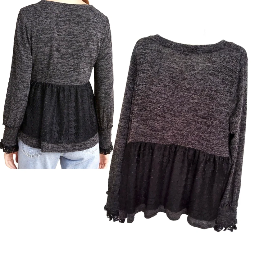 ANTHROPOLOGIE RO+DE Black/Gray Amirah Lace Long Smocked Cuff Sleeve Top XL - Picture 11 of 16